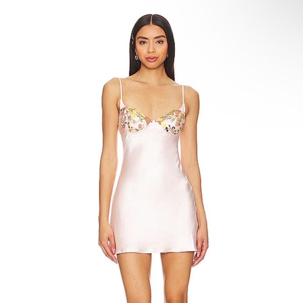 More To Come Roothe Mini Dress in Blush pink slip lingerie style satin Revolve